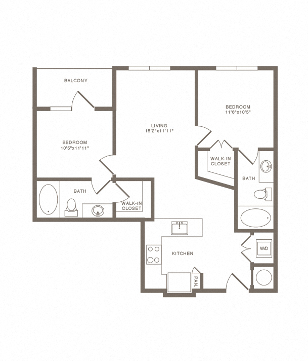 Floor plan for 2 beds, 2 baths, 930 sqft
